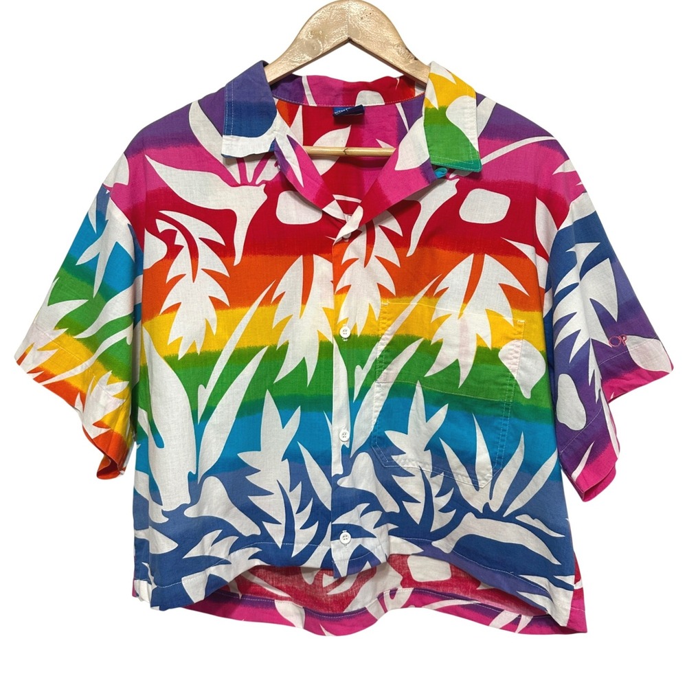 Vintage‎ Ocean Pacific Rainbow Palm Button Up Camp Shirt XL Boxy Crop Beach 80s